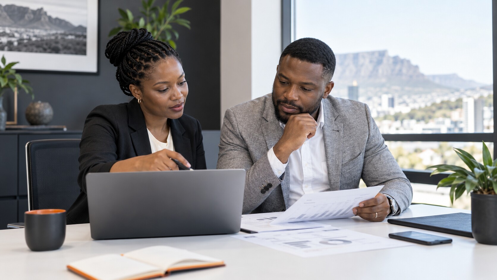 An accountant reviewing financial information with a South African business owner