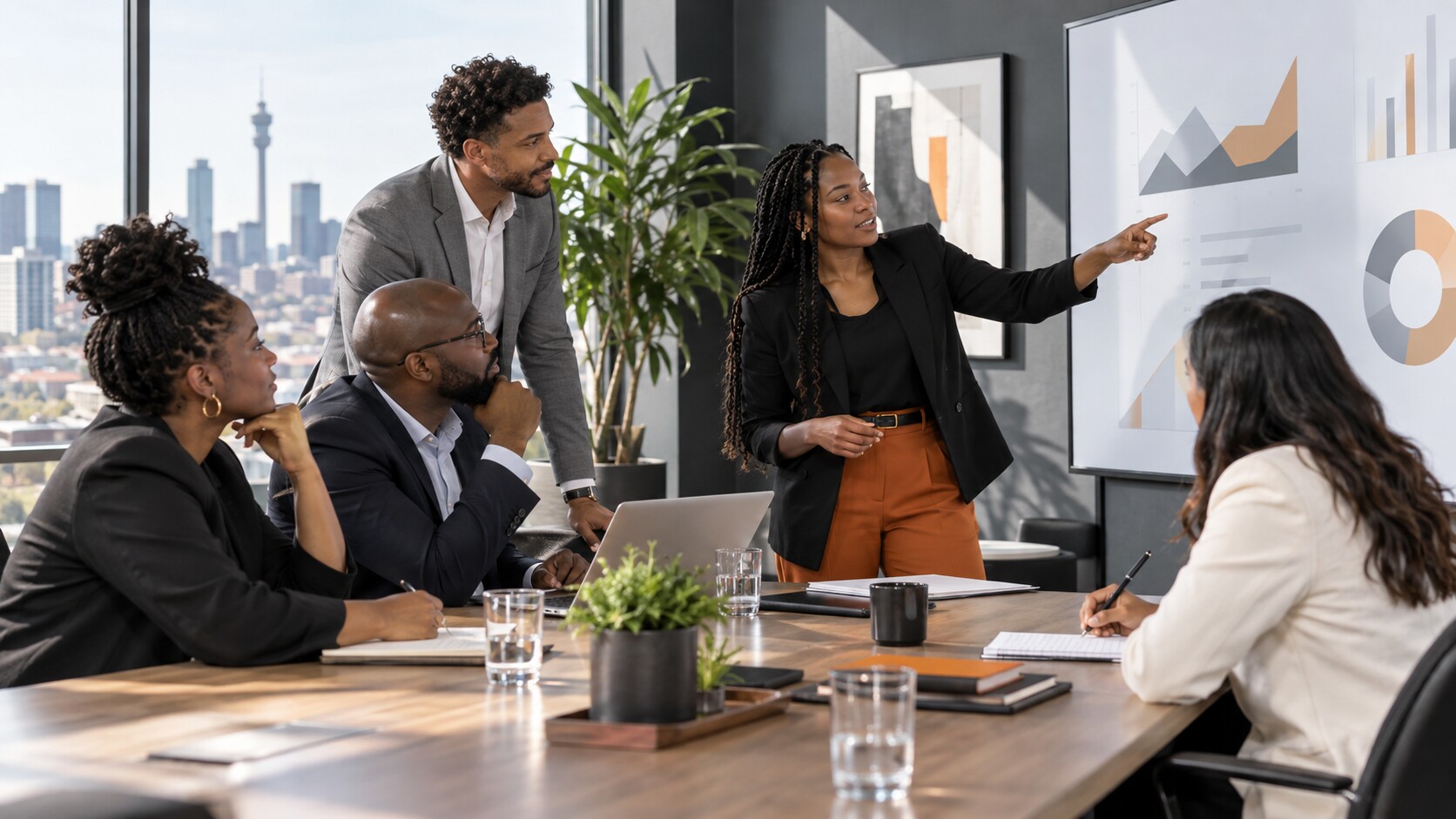 South African business leaders reviewing financial information together